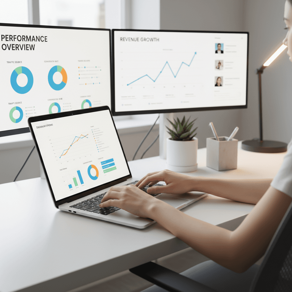 Marketing analyst reviewing SEO performance dashboards on a laptop in a bright office