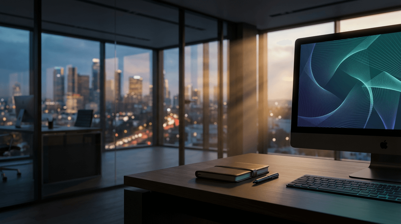Empty modern office at dusk with a wide monitor showing search ranking charts, keyword maps, and glowing analytics dashboards, city lights through floor-to-ceiling windows, no people