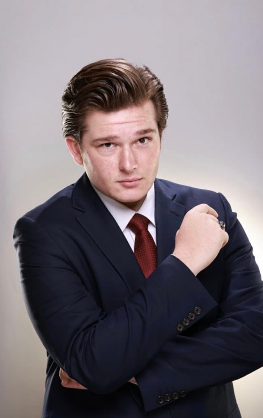 Man in navy suit and red tie posing with crossed arms against gray background.